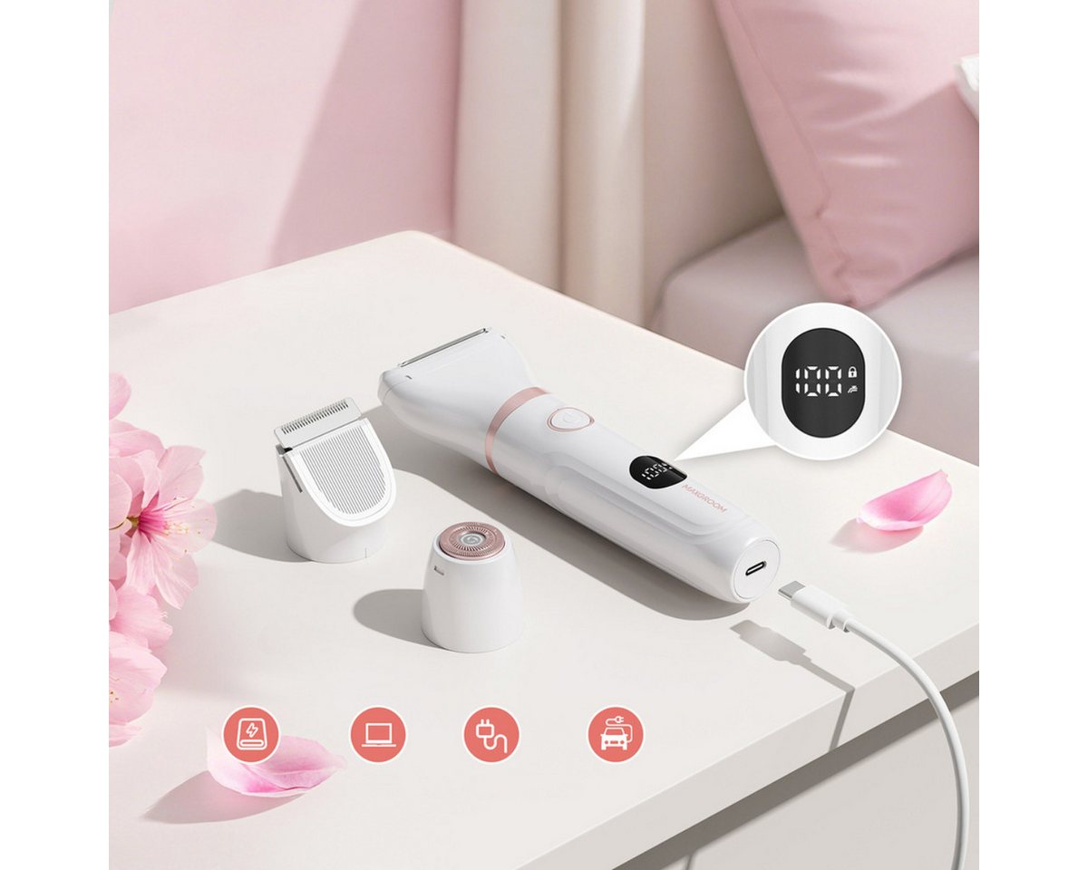 MAXGROOM Körper- und Bikinitrimmer JK-105, 3-in-1-Damentrimmer-Set für Körper, Gesicht und Bikinizone, 3-in-1-System mit IPX6-Schutz und LED-Display Bild 3