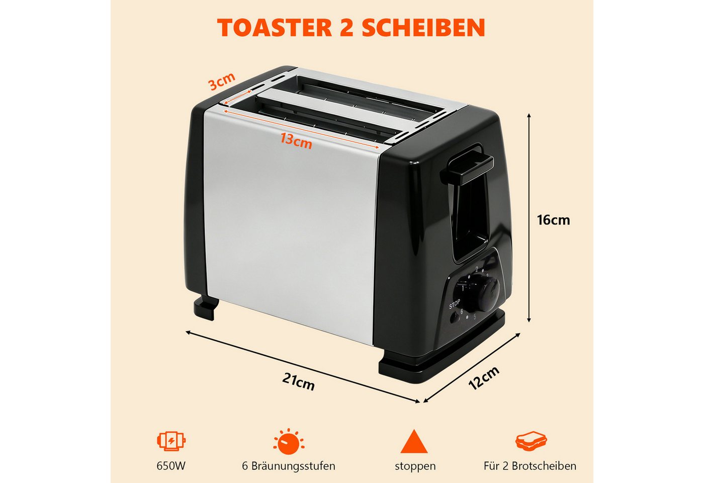 OZAVO Toaster 2-Scheiben-Toaster mit 6 Stufen und Stoppfunktion, 2 kurze Schlitze, für 2 Scheiben, 650 W, Brot-Schlitz: 13 cm × 3 cm,Mit Krümelschublade Bild 2