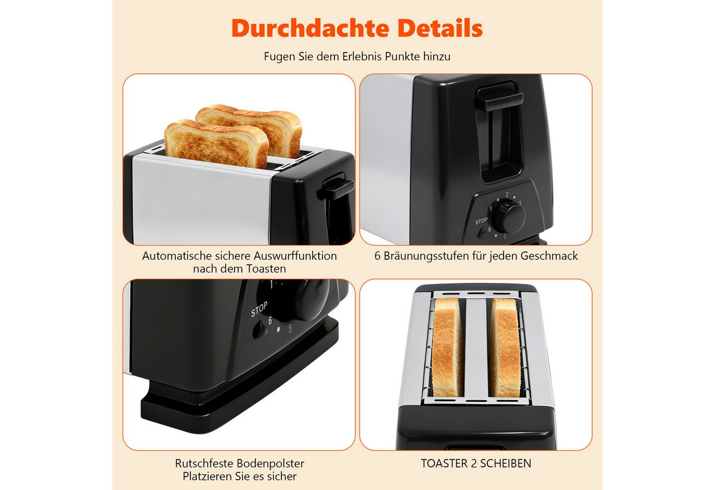 OZAVO Toaster 2-Scheiben-Toaster mit 6 Stufen und Stoppfunktion, 2 kurze Schlitze, für 2 Scheiben, 650 W, Brot-Schlitz: 13 cm × 3 cm,Mit Krümelschublade Bild 3