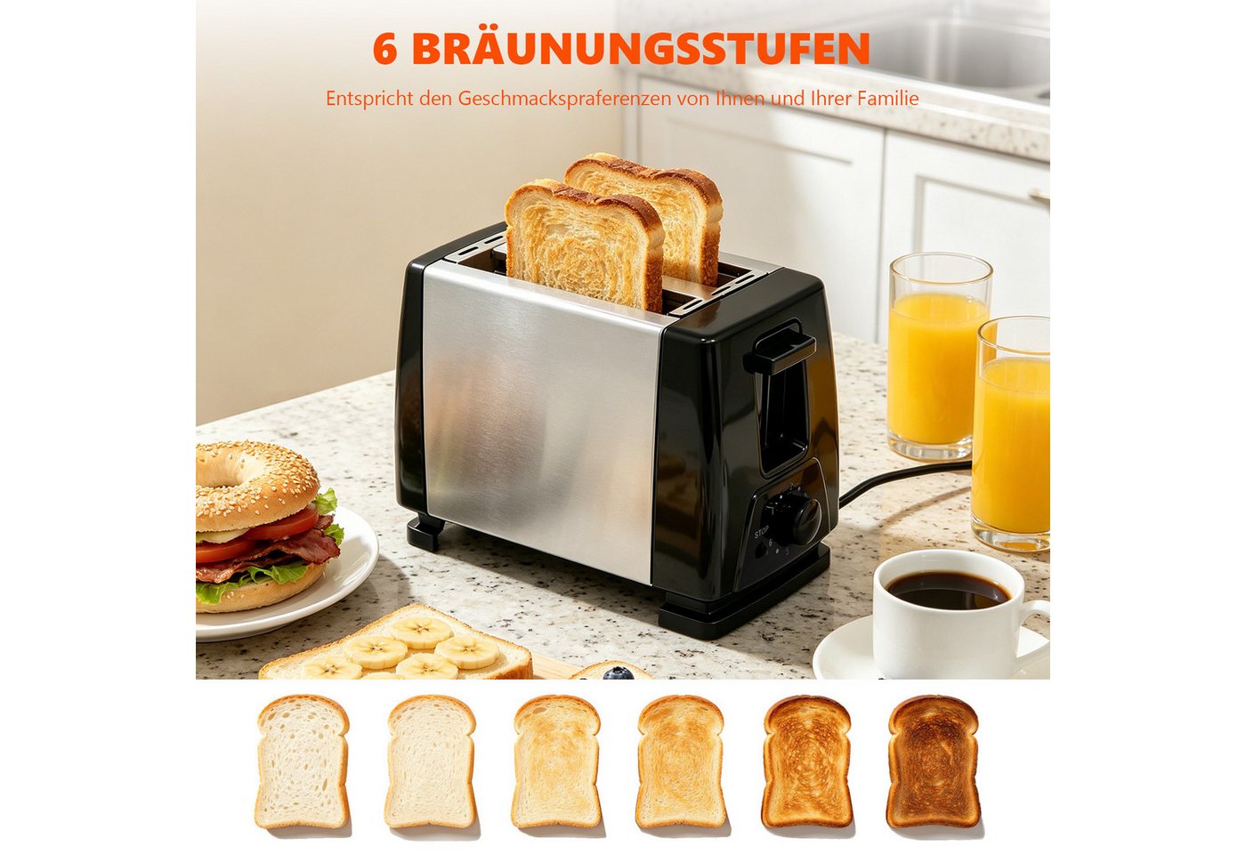 OZAVO Toaster 2-Scheiben-Toaster mit 6 Stufen und Stoppfunktion, 2 kurze Schlitze, für 2 Scheiben, 650 W, Brot-Schlitz: 13 cm × 3 cm,Mit Krümelschublade Bild 4