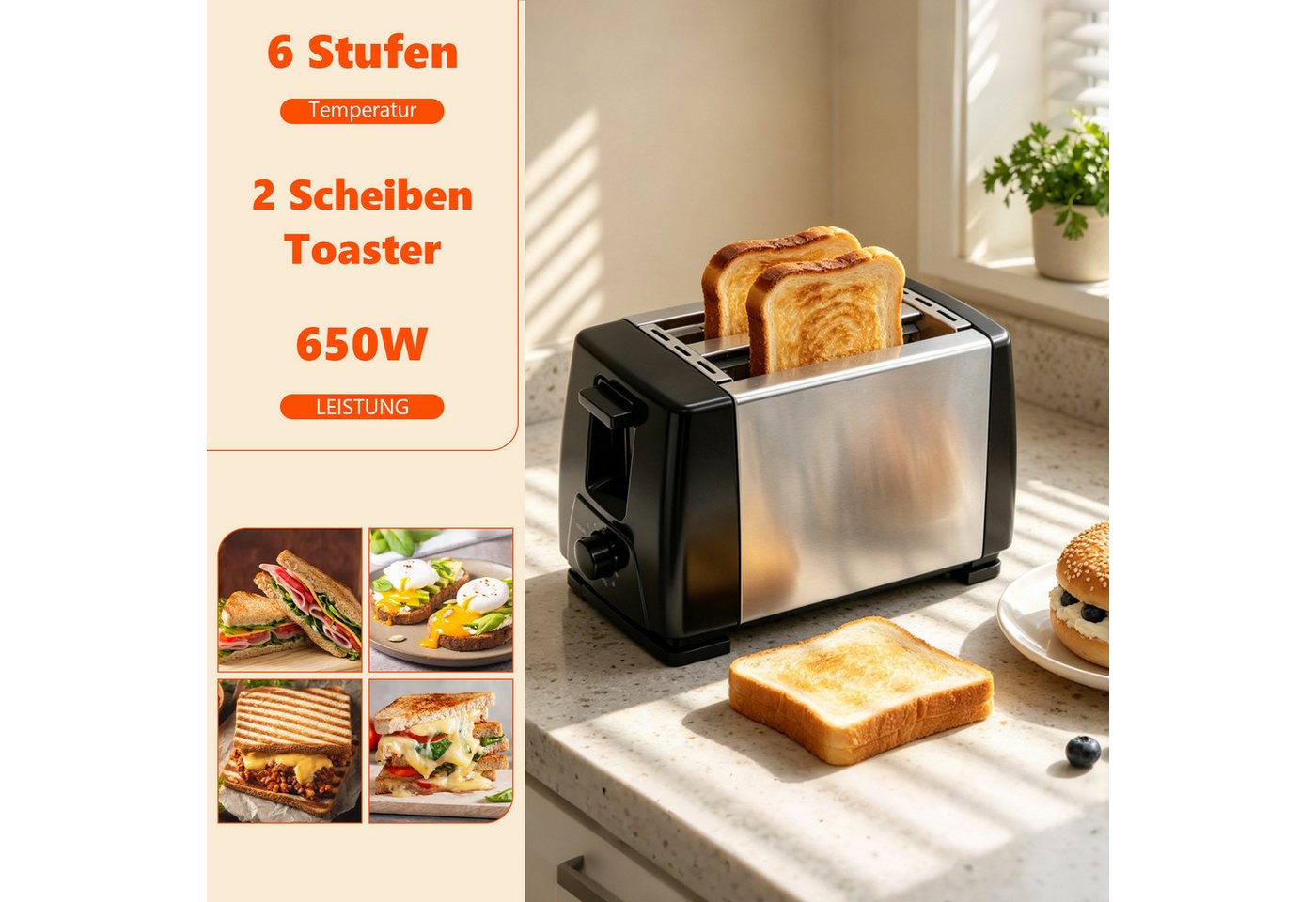OZAVO Toaster 2-Scheiben-Toaster mit 6 Stufen und Stoppfunktion, 2 kurze Schlitze, für 2 Scheiben, 650 W, Brot-Schlitz: 13 cm × 3 cm,Mit Krümelschublade Bild 5