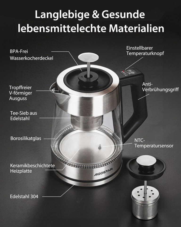 Aigostar Wasserkocher 5 präzise Temperatureinstellungen, Keramikbeschichtung, Kalkfrei, 1.7 l, 2200 W, Keramikbeschichtung, Schnelles Kochen, Warmhaltefunktion, BPA-frei