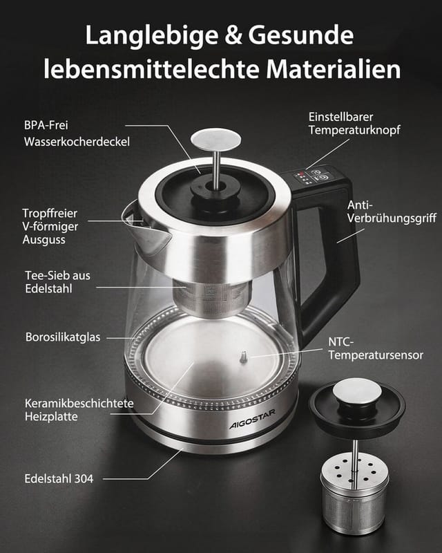 Aigostar Wasserkocher 5 präzise Temperatureinstellungen, Keramikbeschichtung, Kalkfrei, 1.7 l, 2200 W, Keramikbeschichtung, Schnelles Kochen, Warmhaltefunktion, BPA-frei