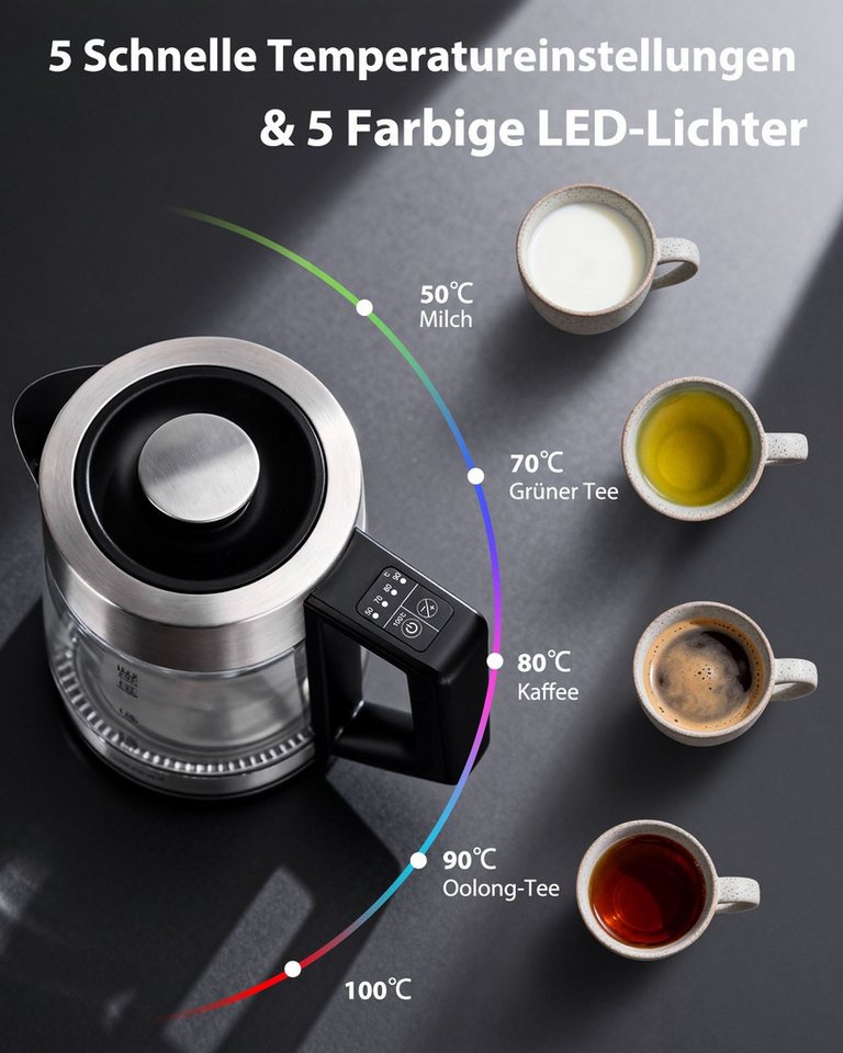 Aigostar Wasserkocher 5 präzise Temperatureinstellungen, Keramikbeschichtung, Kalkfrei, 1.7 l, 2200 W, Keramikbeschichtung, Schnelles Kochen, Warmhaltefunktion, BPA-frei Bild 2