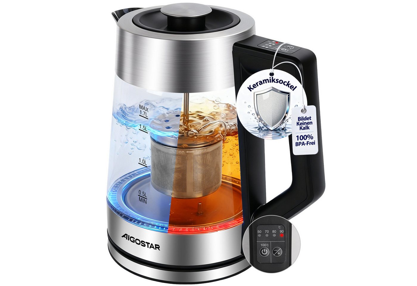 Aigostar Wasserkocher 5 präzise Temperatureinstellungen, Keramikbeschichtung, Kalkfrei, 1.7 l, 2200 W, Keramikbeschichtung, Schnelles Kochen, Warmhaltefunktion, BPA-frei Bild 3