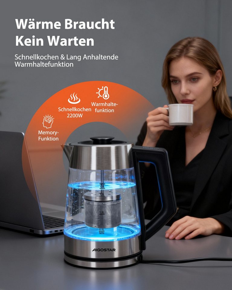 Aigostar Wasserkocher 5 präzise Temperatureinstellungen, Keramikbeschichtung, Kalkfrei, 1.7 l, 2200 W, Keramikbeschichtung, Schnelles Kochen, Warmhaltefunktion, BPA-frei Bild 4
