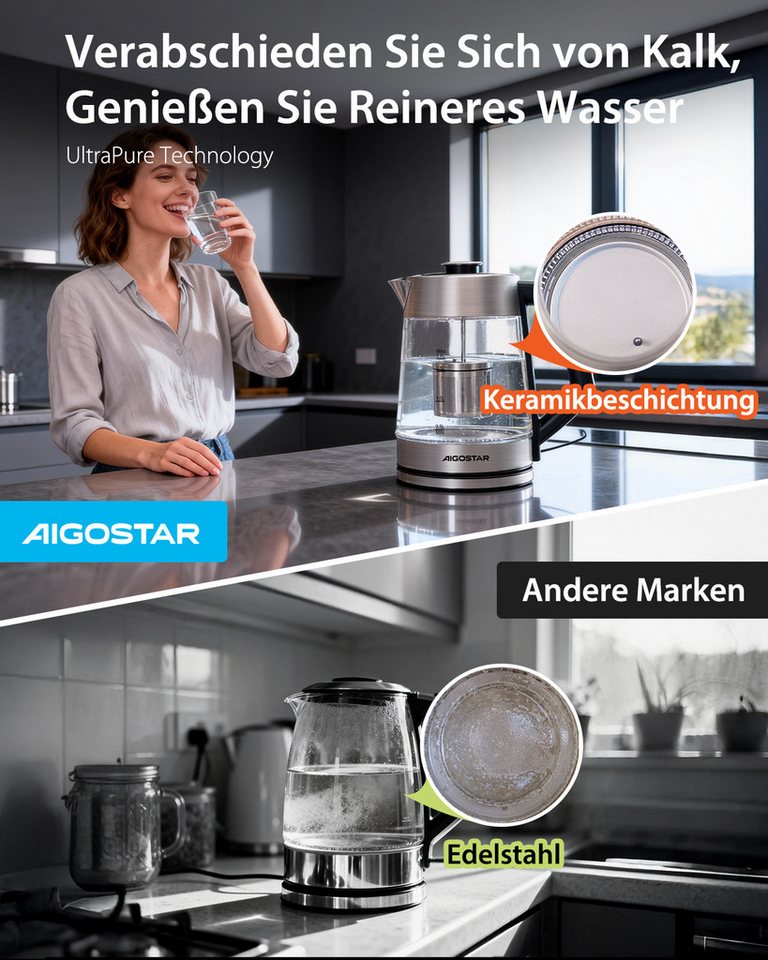 Aigostar Wasserkocher 5 präzise Temperatureinstellungen, Keramikbeschichtung, Kalkfrei, 1.7 l, 2200 W, Keramikbeschichtung, Schnelles Kochen, Warmhaltefunktion, BPA-frei Bild 5