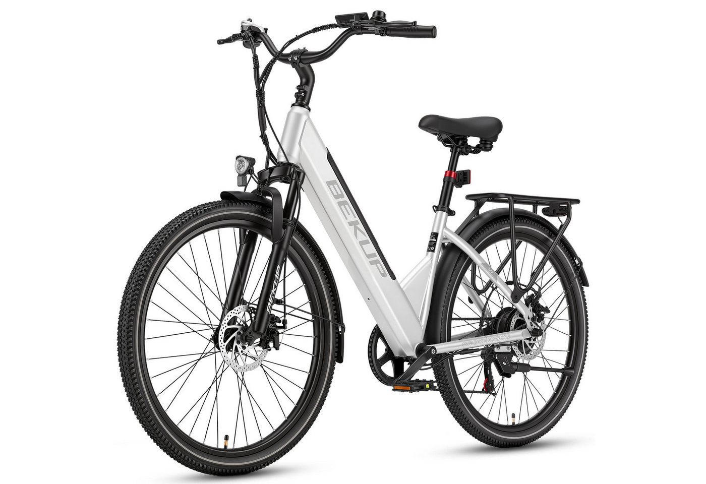 BEKUP E-Bike Cityrad V1 26 Zoll Tiefeinsteiger, 522 Wh Akku, 45 Nm, Shimano 7-Gang, 7 Gang Shimano Shimano Tourney TZ Schaltwerk, Kettenschaltung, Heckmotor, 522 Wh, (Komplettset, E-Bike inklusive Akku und Ladegerät), Komfortabel pendeln und touren, bis 120 km, Federgabel und Farbdisplay