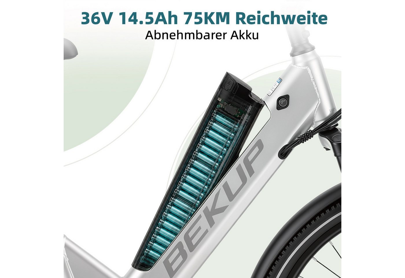 BEKUP E-Bike Cityrad V1 26 Zoll Tiefeinsteiger, 522 Wh Akku, 45 Nm, Shimano 7-Gang, 7 Gang Shimano Shimano Tourney TZ Schaltwerk, Kettenschaltung, Heckmotor, 522 Wh, (Komplettset, E-Bike inklusive Akku und Ladegerät), Komfortabel pendeln und touren, bis 120 km, Federgabel und Farbdisplay Bild 2