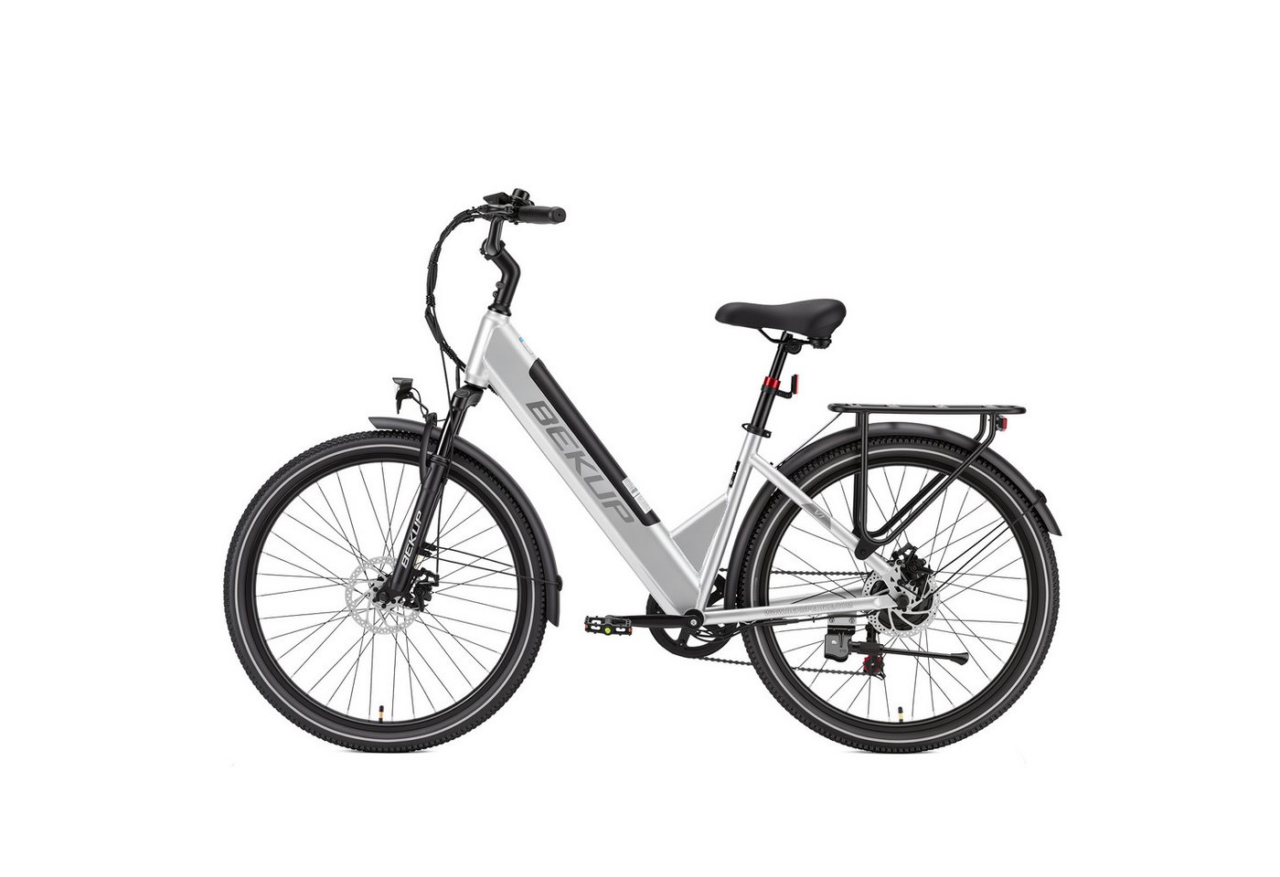 BEKUP E-Bike Cityrad V1 26 Zoll Tiefeinsteiger, 522 Wh Akku, 45 Nm, Shimano 7-Gang, 7 Gang Shimano Shimano Tourney TZ Schaltwerk, Kettenschaltung, Heckmotor, 522 Wh, (Komplettset, E-Bike inklusive Akku und Ladegerät), Komfortabel pendeln und touren, bis 120 km, Federgabel und Farbdisplay Bild 4