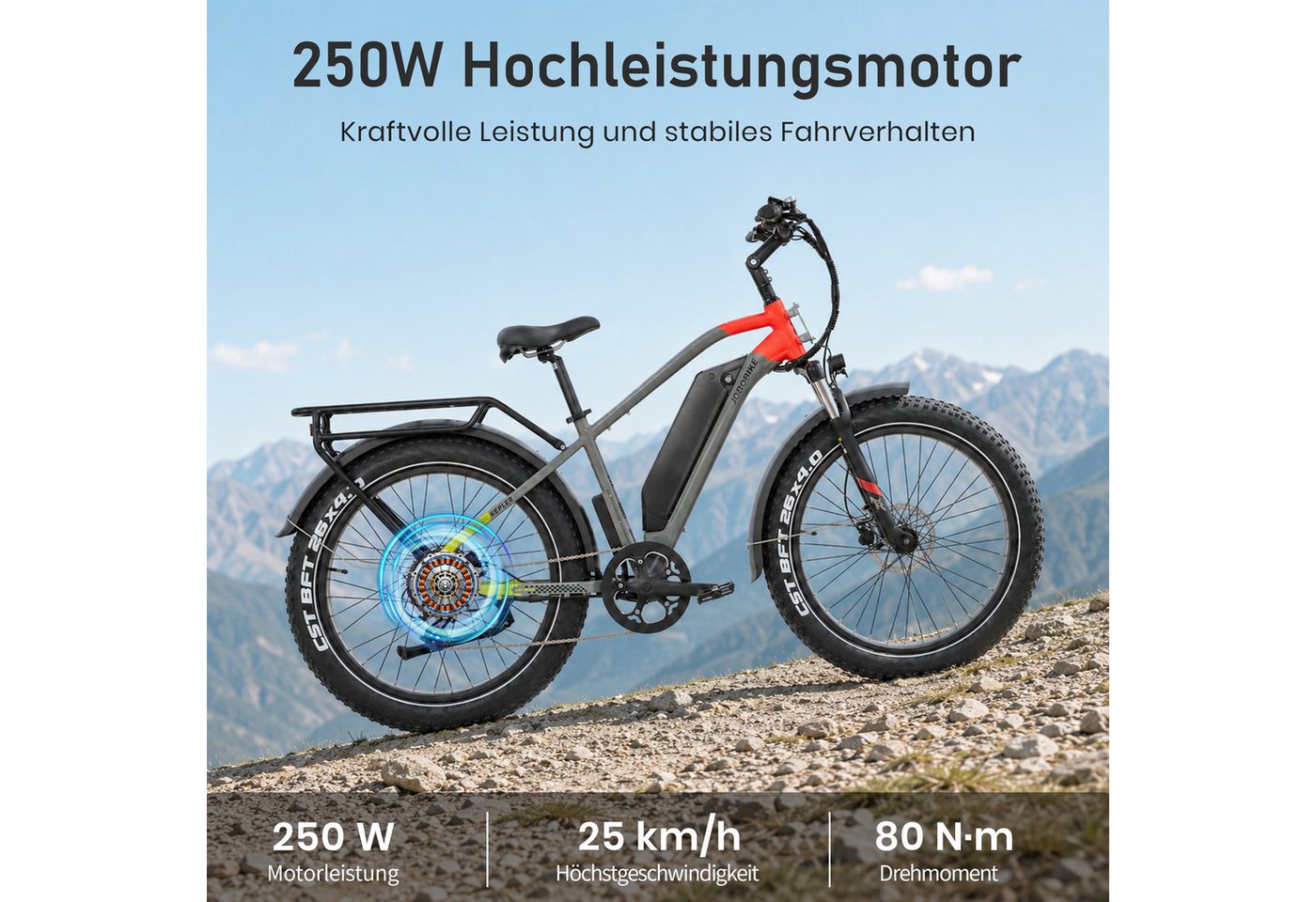JOBOBIKE E-Bike Mountainbike 26×4 Zoll, Kepler, 48V 960Wh, 180km, Bremslicht- und Blinkerfunktion, 7 Gang Shimano, Kettenschaltung, Heckmotor, 960 Wh, (für Stadtverkehr, Touren und All-Terrain-Einsätze, Aluminiumrahmen), Hydr. Bremsen, Fatbike, MTB, Elektrofahrrad für Damen und Herren