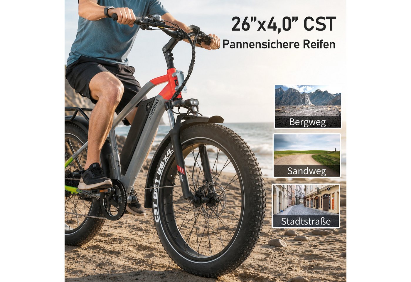 JOBOBIKE E-Bike Mountainbike 26×4 Zoll, Kepler, 48V 960Wh, 180km, Bremslicht- und Blinkerfunktion, 7 Gang Shimano, Kettenschaltung, Heckmotor, 960 Wh, (für Stadtverkehr, Touren und All-Terrain-Einsätze, Aluminiumrahmen), Hydr. Bremsen, Fatbike, MTB, Elektrofahrrad für Damen und Herren Bild 3