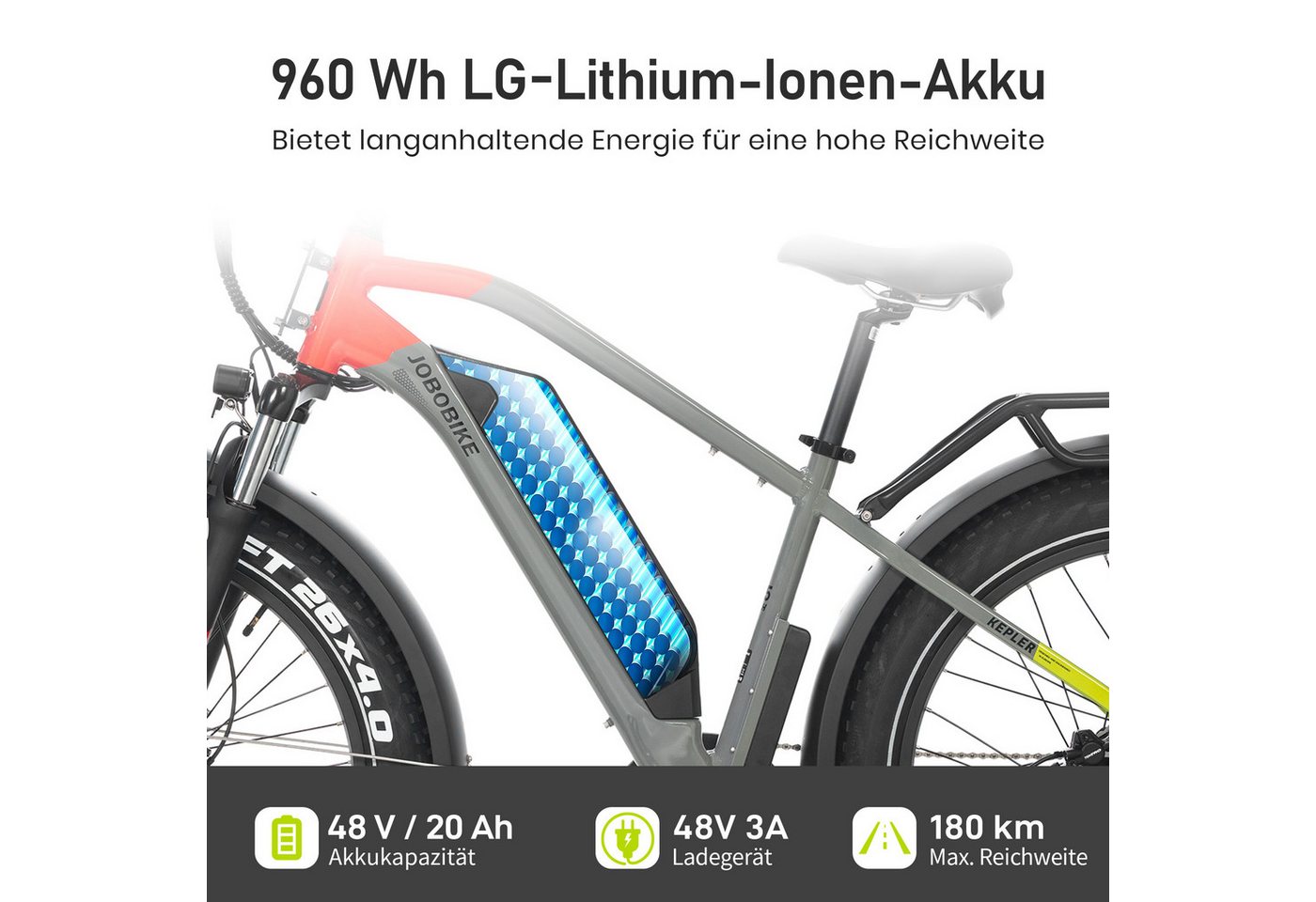 JOBOBIKE E-Bike Mountainbike 26×4 Zoll, Kepler, 48V 960Wh, 180km, Bremslicht- und Blinkerfunktion, 7 Gang Shimano, Kettenschaltung, Heckmotor, 960 Wh, (für Stadtverkehr, Touren und All-Terrain-Einsätze, Aluminiumrahmen), Hydr. Bremsen, Fatbike, MTB, Elektrofahrrad für Damen und Herren Bild 5