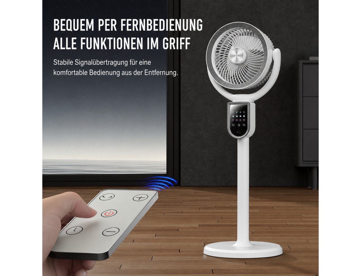 MOPUEA Standventilator Turmventilator LED Display 4 Windstufen Mini Ventilator 3D-Oszillation, Timer und Fernbedienung USB Tischventilator Leiser Umluftventilator