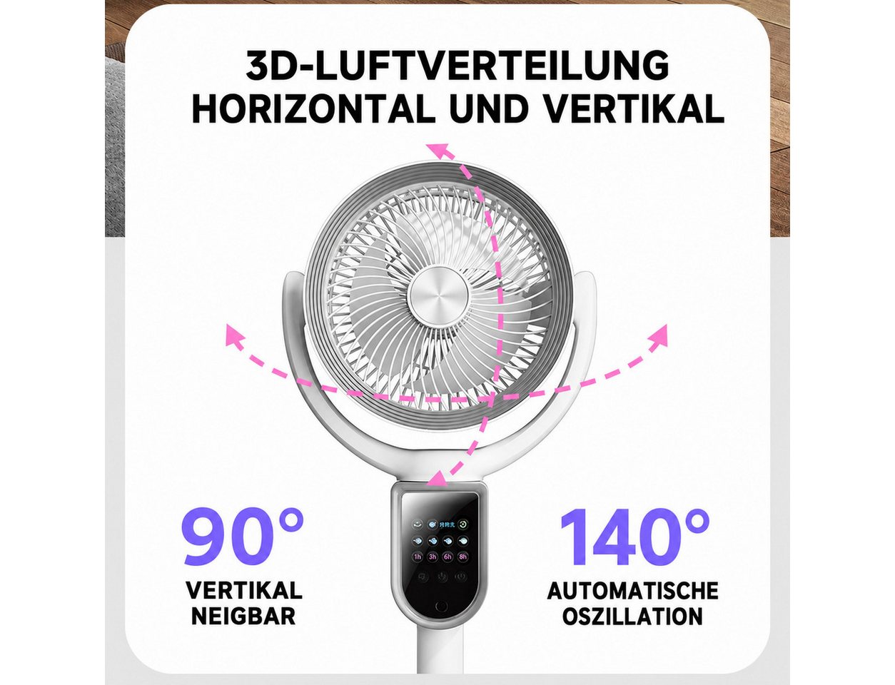 MOPUEA Standventilator Turmventilator LED Display 4 Windstufen Mini Ventilator 3D-Oszillation, Timer und Fernbedienung USB Tischventilator Leiser Umluftventilator Bild 5