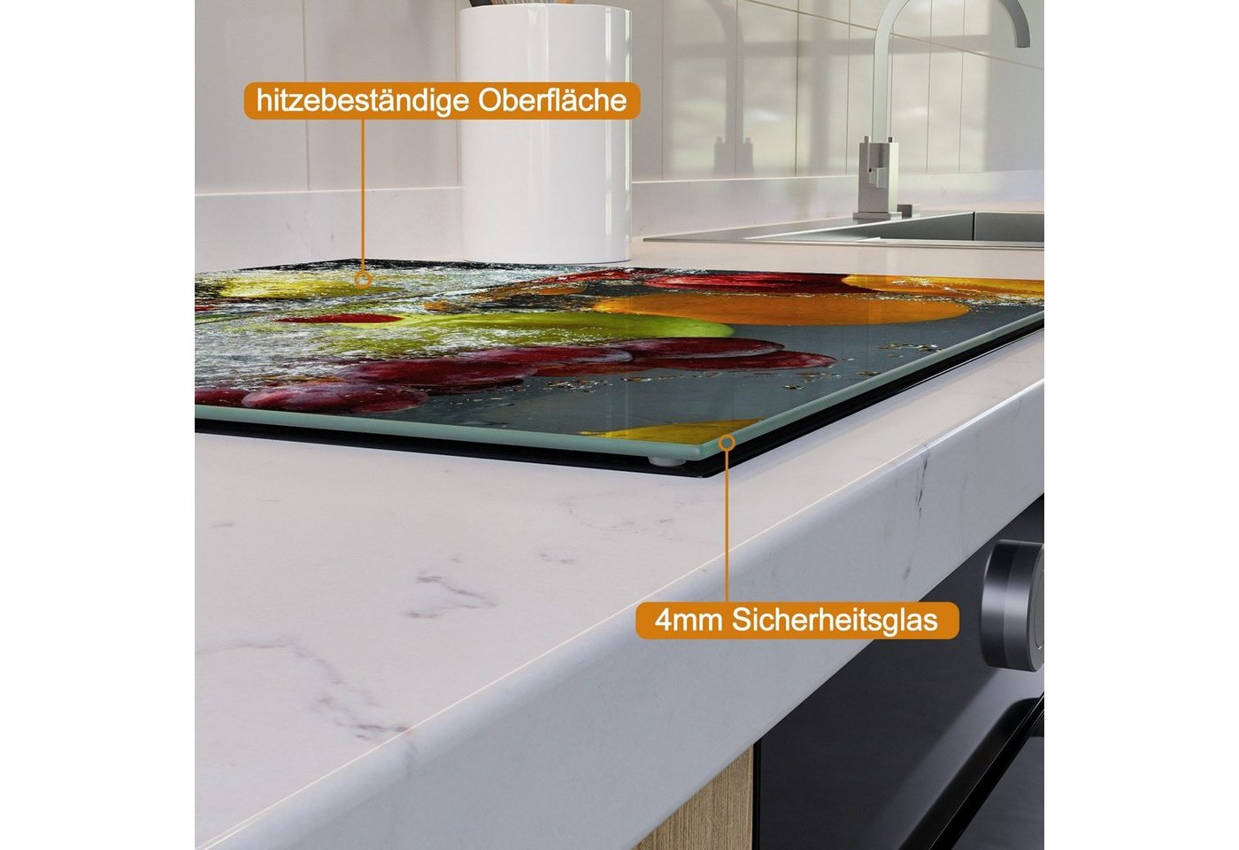 Wallario Herd-Abdeckplatte Früchte im und unter Wasser - Splashing Fruits, ESG-Sicherheitsglas, (Glasplatte, 1 tlg., inkl. 5mm Noppen), verschiedene Größen