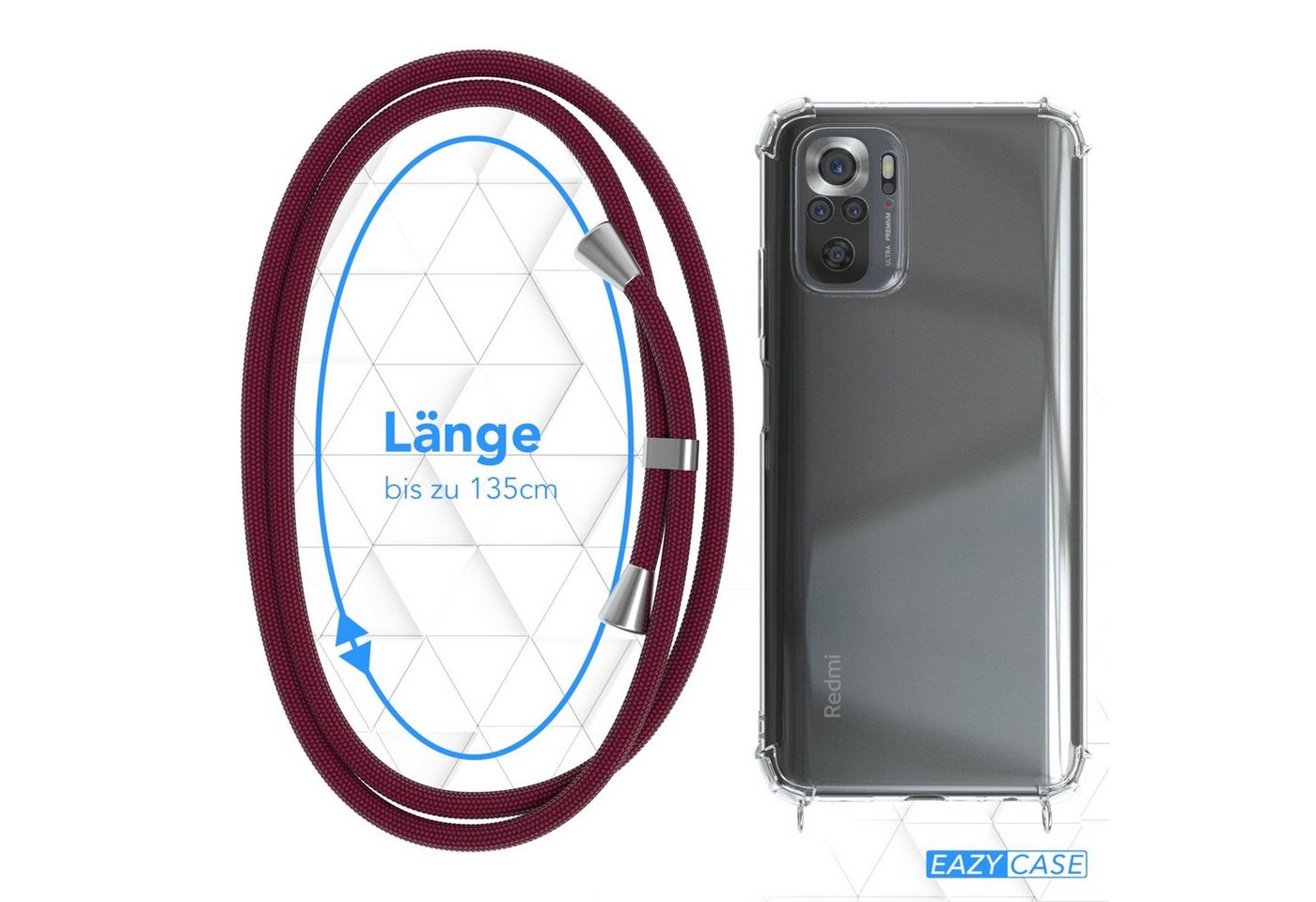EAZY CASE Handykette Hülle mit Kette für Xiaomi Redmi Note 10 / 10S 6,43 Zoll, Silikonhülle durchsichtig mit Umhängeband Handytasche Bordeaux Rot