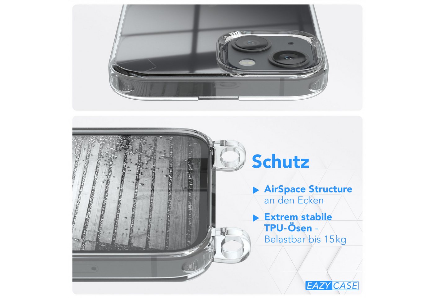 EAZY CASE Handykette Hülle mit Kette für Apple iPhone 13 6,1 Zoll, Handykette Hülle mit Band Slimcover Schutzhülle Schwarz Clips Silber Bild 2