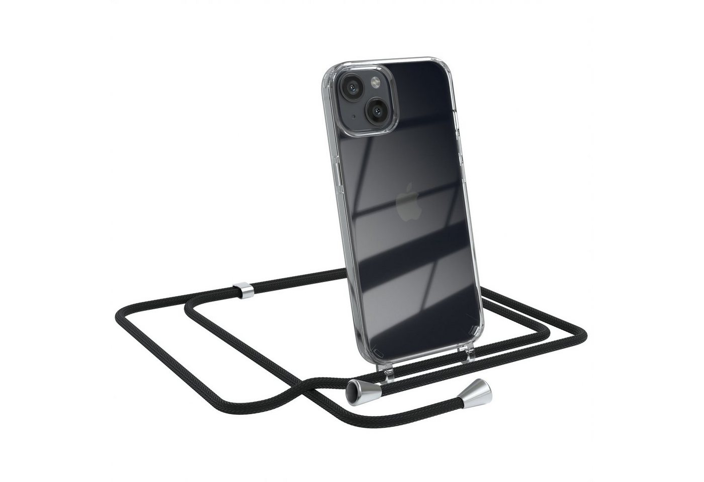 EAZY CASE Handykette Hülle mit Kette für Apple iPhone 13 6,1 Zoll, Handykette Hülle mit Band Slimcover Schutzhülle Schwarz Clips Silber Bild 5