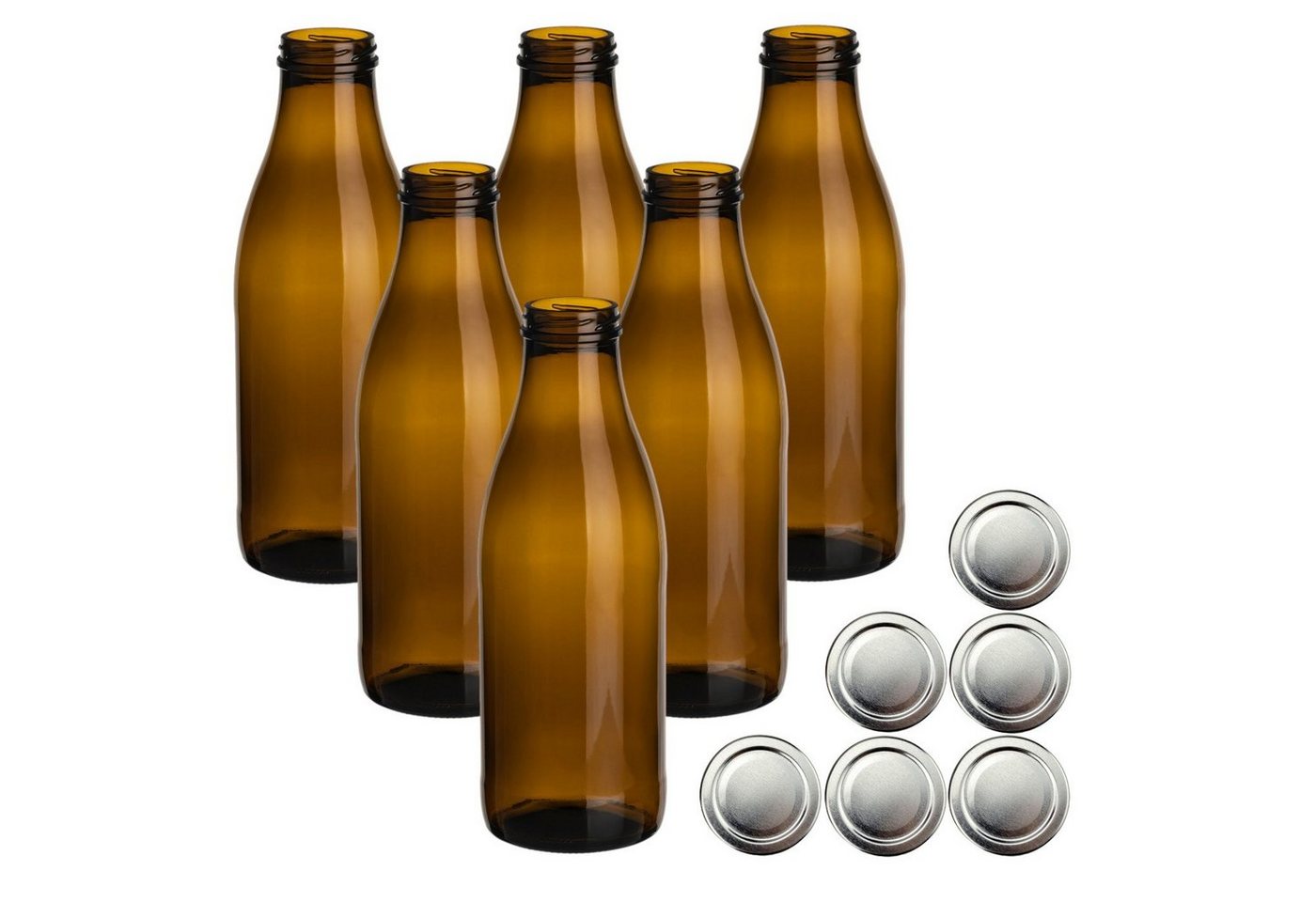 gouveo Trinkflasche Saftflaschen 1000 ml mit Schraub-Deckel - Große Flasche 1,0 l aus Glas, 6er Set, braun/silberfarben Bild 5