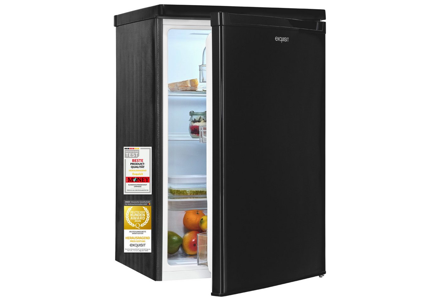exquisit Vollraumkühlschrank KS516-V-040E, 85.5 cm hoch, 55 cm breit, 127 l Nutzinhalt, LED Beleuchtung, Energieklasse E, 39 dB