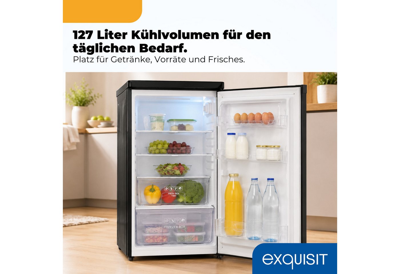 exquisit Vollraumkühlschrank KS516-V-040E, 85.5 cm hoch, 55 cm breit, 127 l Nutzinhalt, LED Beleuchtung, Energieklasse E, 39 dB Bild 3