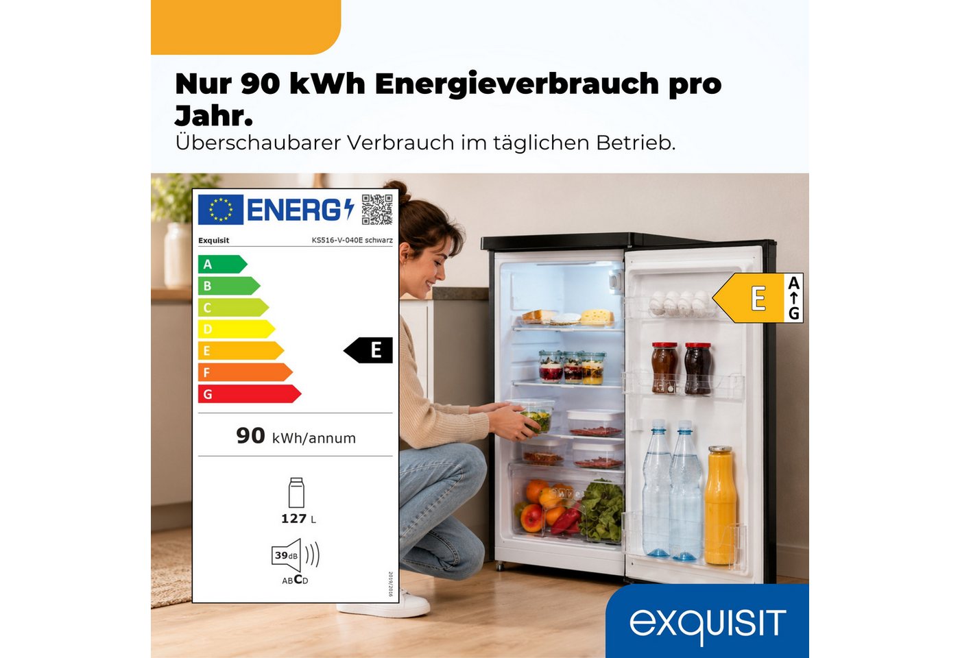 exquisit Vollraumkühlschrank KS516-V-040E, 85.5 cm hoch, 55 cm breit, 127 l Nutzinhalt, LED Beleuchtung, Energieklasse E, 39 dB Bild 4