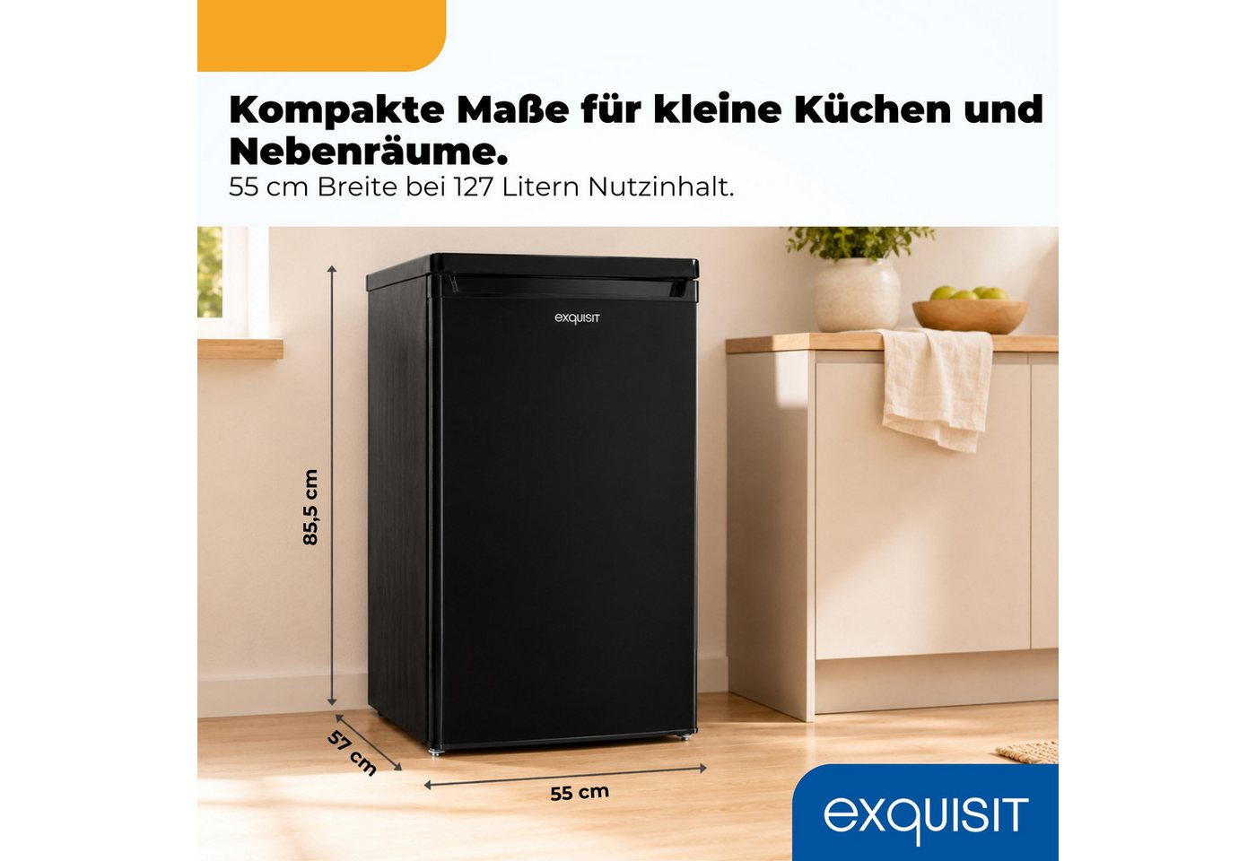 exquisit Vollraumkühlschrank KS516-V-040E, 85.5 cm hoch, 55 cm breit, 127 l Nutzinhalt, LED Beleuchtung, Energieklasse E, 39 dB Bild 5