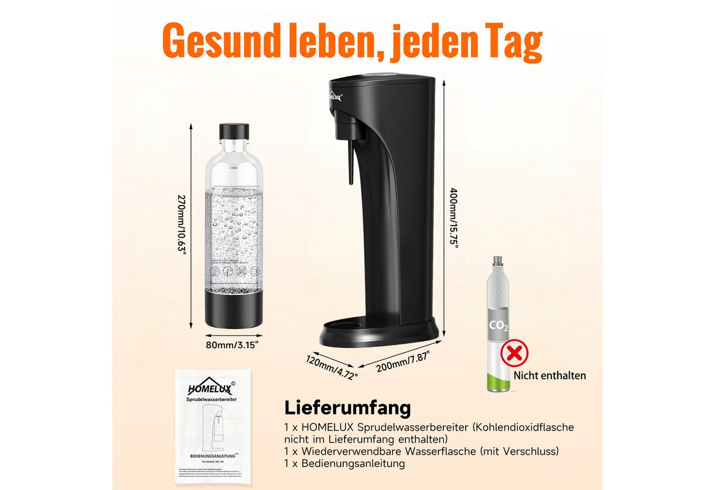 HOMELUX Wassersprudler Sprudelwasser Maschine mit 1L PET-Flaschen Bpa-Frei, (Set, 2-tlg., Sprudelwasser Maschine,PET-Flasche), Soda Maker, Wasser Sprudel GeräT, Water Carbonator Bild 2