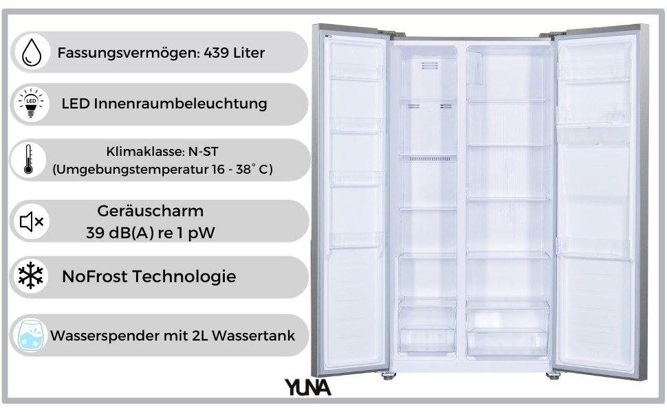 YUNA Side-by-Side Serebro Grande SBS-E, 177 cm hoch, 90 cm breit, Holiday Modus, Schnellgefrieren, Höhenverstellbare Füße Bild 2