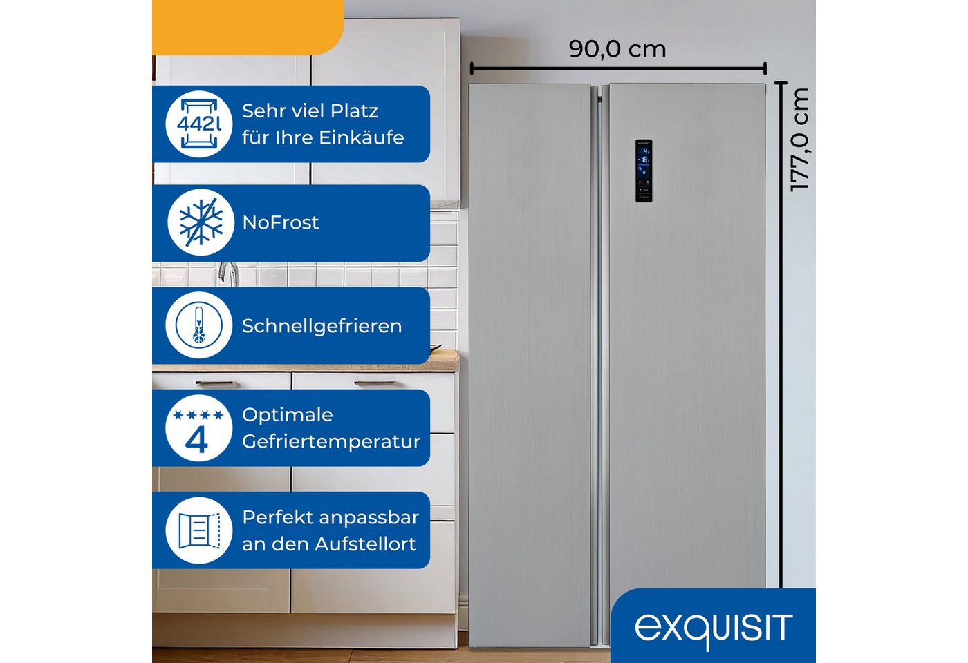 exquisit Side-by-Side SBS546-040E, 177 cm hoch, 90 cm breit, verstellbare Glasablage, No-Frost, elektronische Temperaturregelung
