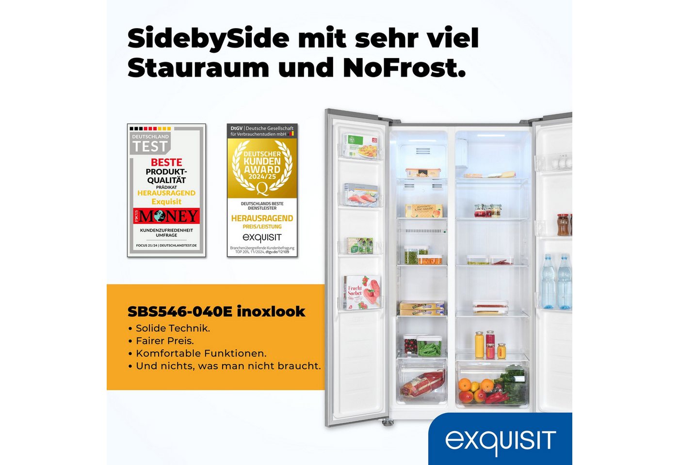 exquisit Side-by-Side SBS546-040E, 177 cm hoch, 90 cm breit, verstellbare Glasablage, No-Frost, elektronische Temperaturregelung Bild 3