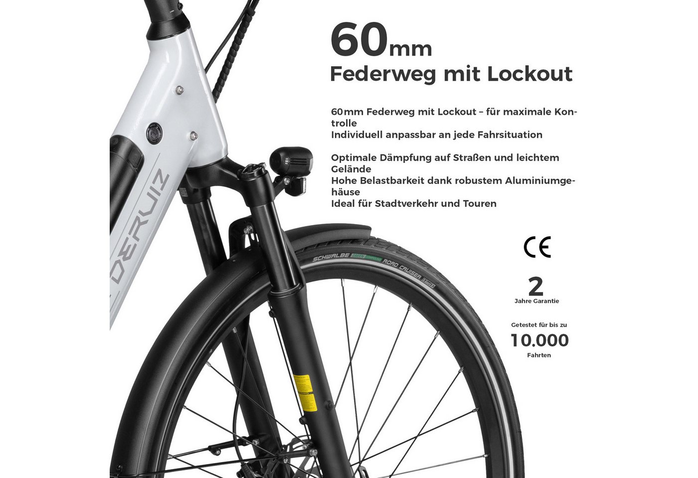 DERUIZ E-Bike Cityrad 28 Zoll, Quartz 2.0/SUV, max. 160km, Drehmomentsensor, Bluetooth+APP, 8 Gang SHIMANO Altus RD-M310 Schaltwerk, Kettenschaltung, Heckmotor, 644 Wh, (5 Stufen, Aluminium-Schutzbleche), Quartz 2.0, nur 20kg, Lockout-Federgabel, Elektrofahrrad, E-Citybike