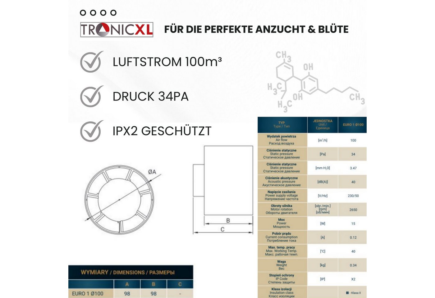 TronicXL Turboventilator 100mm Abluft Zuluft Grow Lüfter Inline Ventilator Rohrlüfter Grower, für Growbox Growzelt Growschrank Zubehör Abluftventilator Bild 3