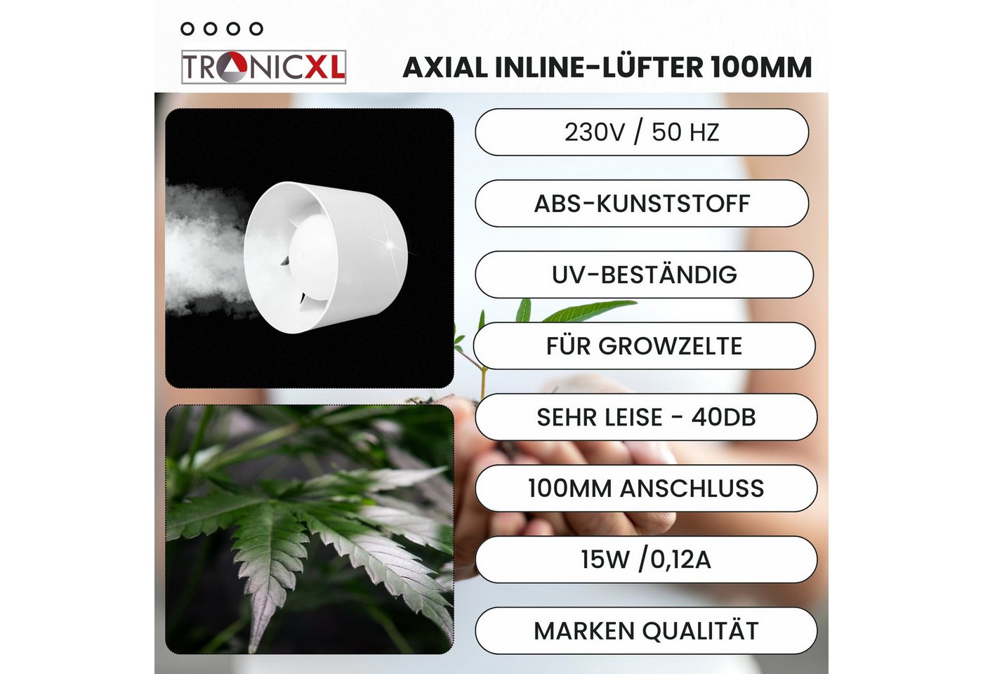 TronicXL Turboventilator 100mm Abluft Zuluft Grow Lüfter Inline Ventilator Rohrlüfter Grower, für Growbox Growzelt Growschrank Zubehör Abluftventilator Bild 5
