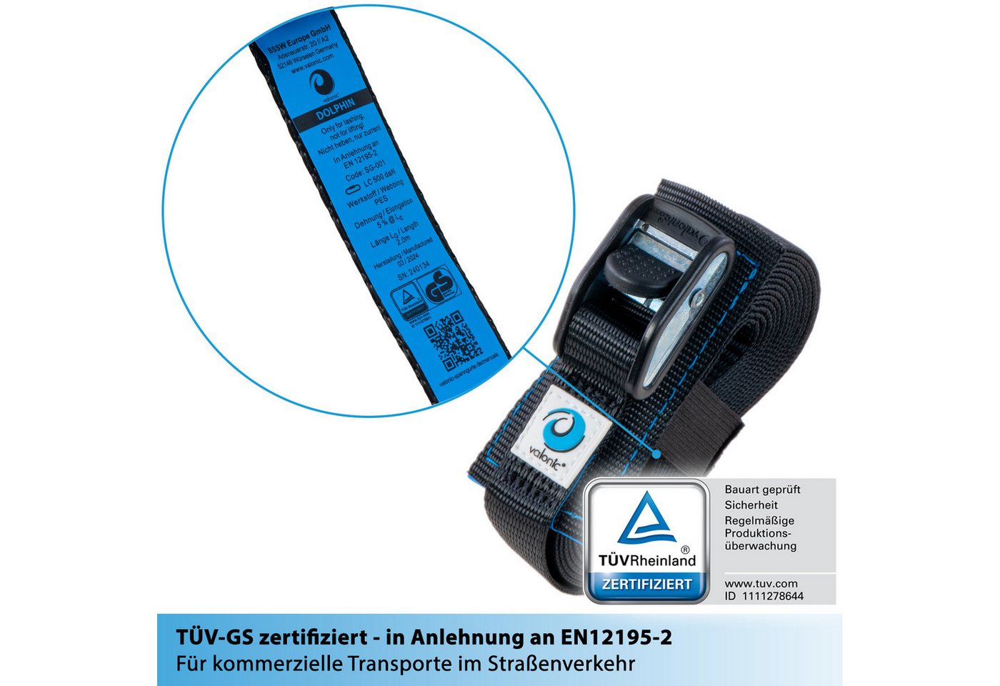 valonic Spanngurt valonic DOLPHIN Spanngurte 2x 1-6m Klemmschloss TÜV-GS 500kg Zurrgurte (2er Set, 2-St., 2 Stück Klemmschlussgurt) Spanngurt für SUP Board oder Kajak Bild 2