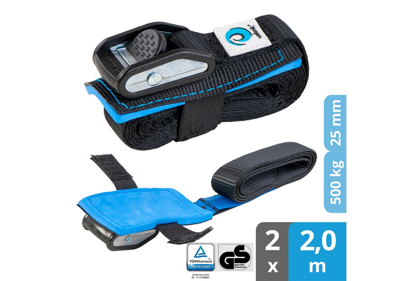valonic Spanngurt valonic DOLPHIN Spanngurte 2x 1-6m Klemmschloss TÜV-GS 500kg Zurrgurte (2er Set, 2-St., 2 Stück Klemmschlussgurt) Spanngurt für SUP Board oder Kajak Bild 4