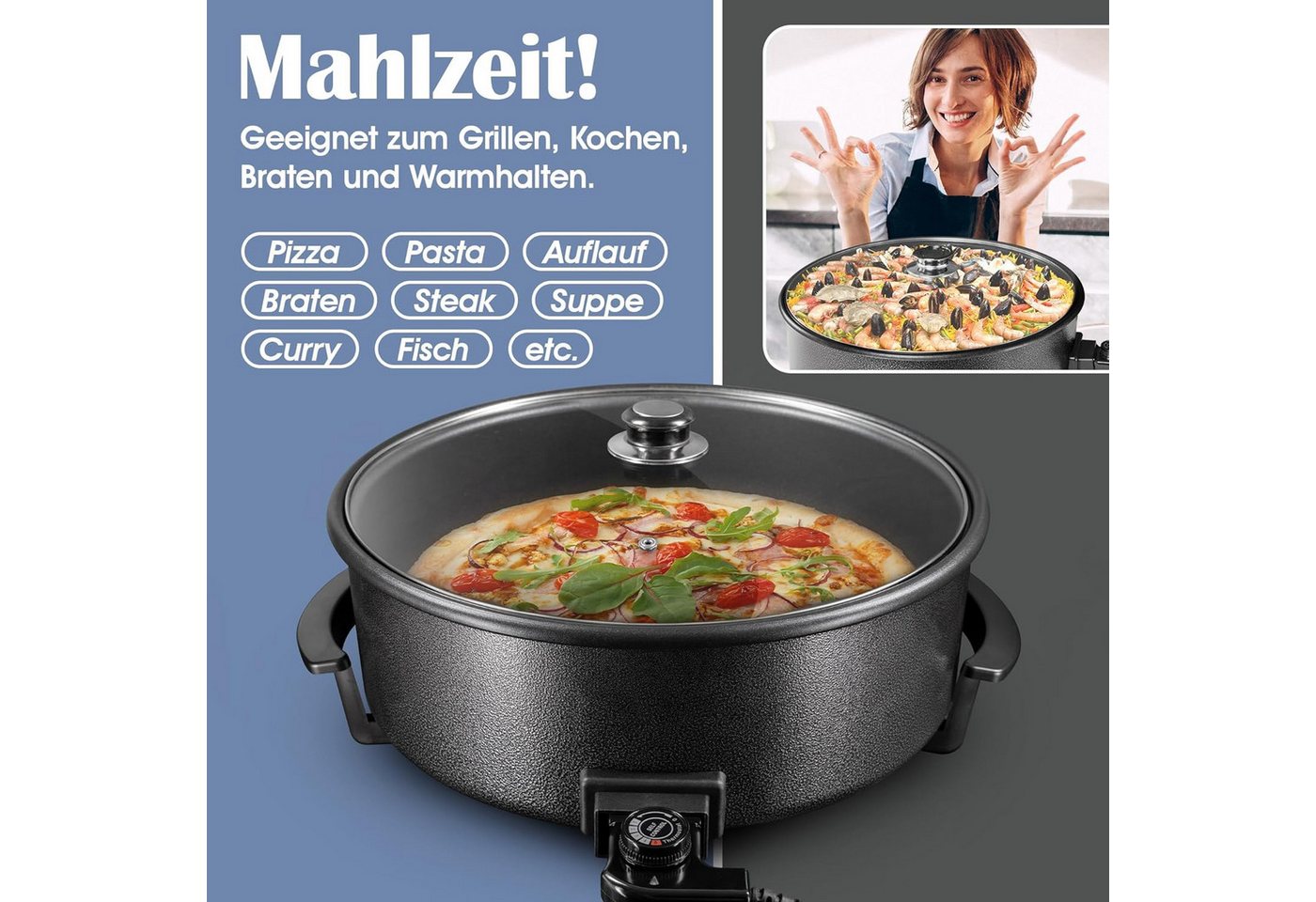 T24 Elektrische Pizzapfanne elektrische Pizzapfanne 42 cm/Grillpfanne/Elektropfanne/Pizzaofen, 1500,00 W, elektrische Pfanne, Pizzaofen, Paella Pfanne Bild 3