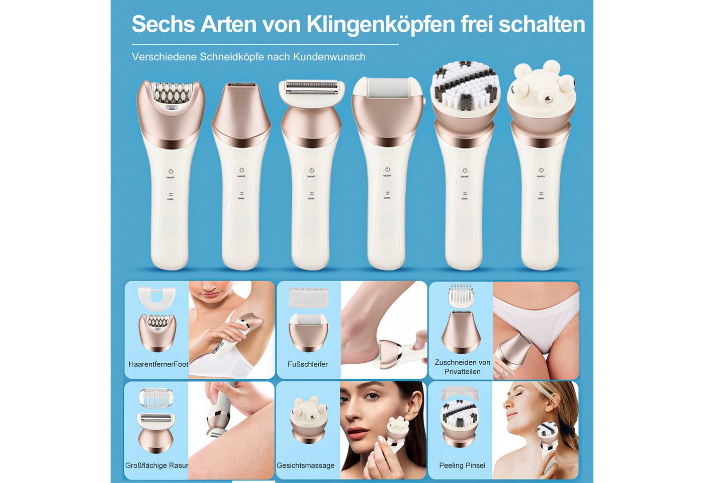 ibettertec Epilierer Epilierer Damen,6-in-1 Epilierer für Damen Kabelloser, Nass und Trocken-Gesichtsepilierer mit Peelingbürste,Reinigungsbürste,Massagekopf IPX7 Wasserdicht,USB Wiederaufladbar und Tragbar