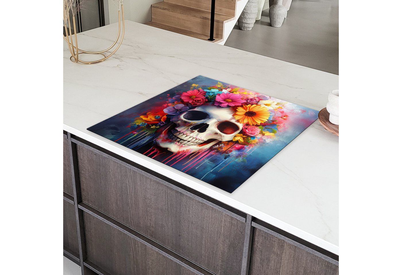 MuchoWow Herd-Abdeckplatte Totenkopf - Blumen - Totenkopf - Bunt, Vinyl, (1 tlg), Küche Herdabdeckung Ceranfeld Induktionsfeld Vinyl, 60x60 cm