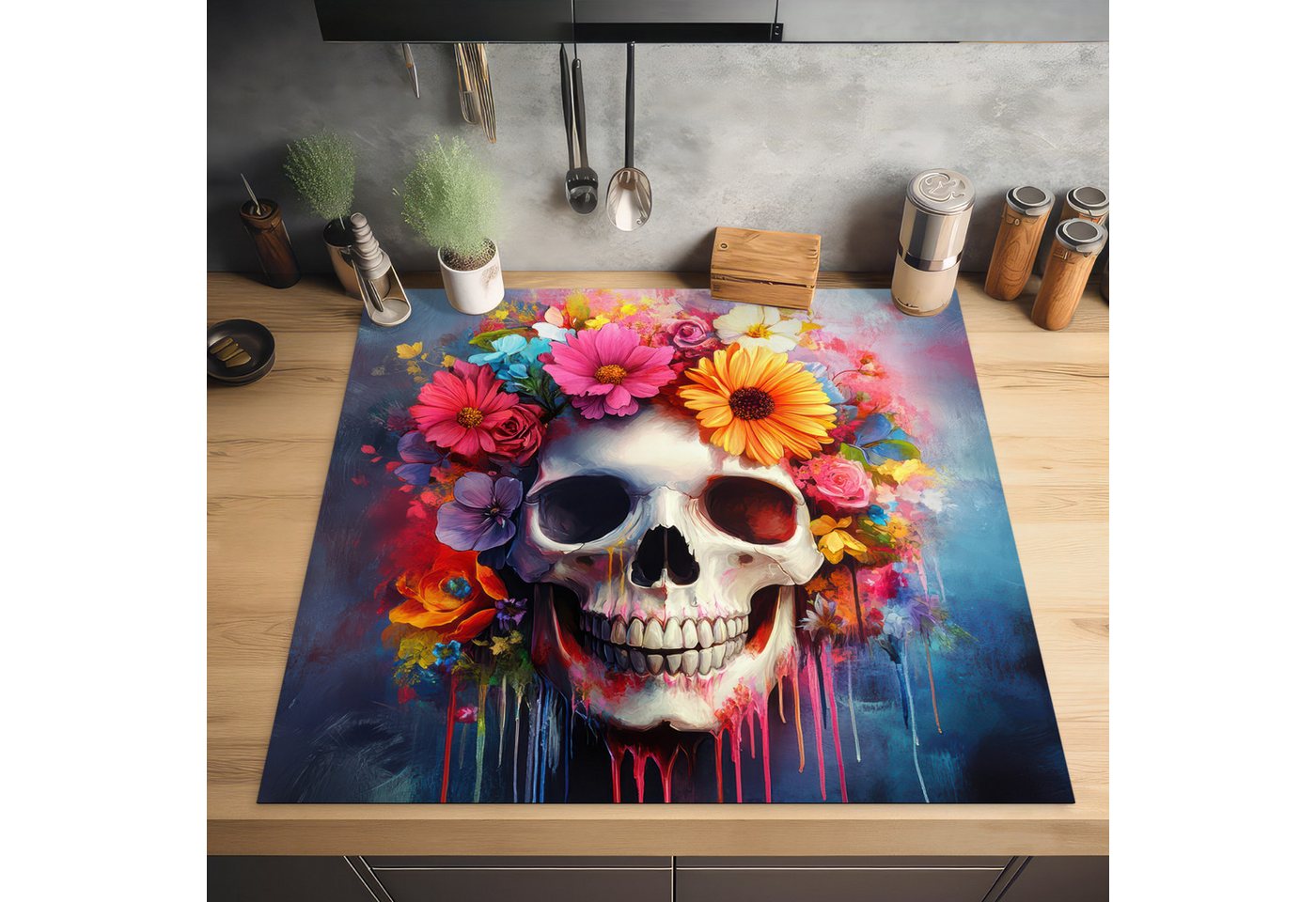 MuchoWow Herd-Abdeckplatte Totenkopf - Blumen - Totenkopf - Bunt, Vinyl, (1 tlg), Küche Herdabdeckung Ceranfeld Induktionsfeld Vinyl, 60x60 cm Bild 2