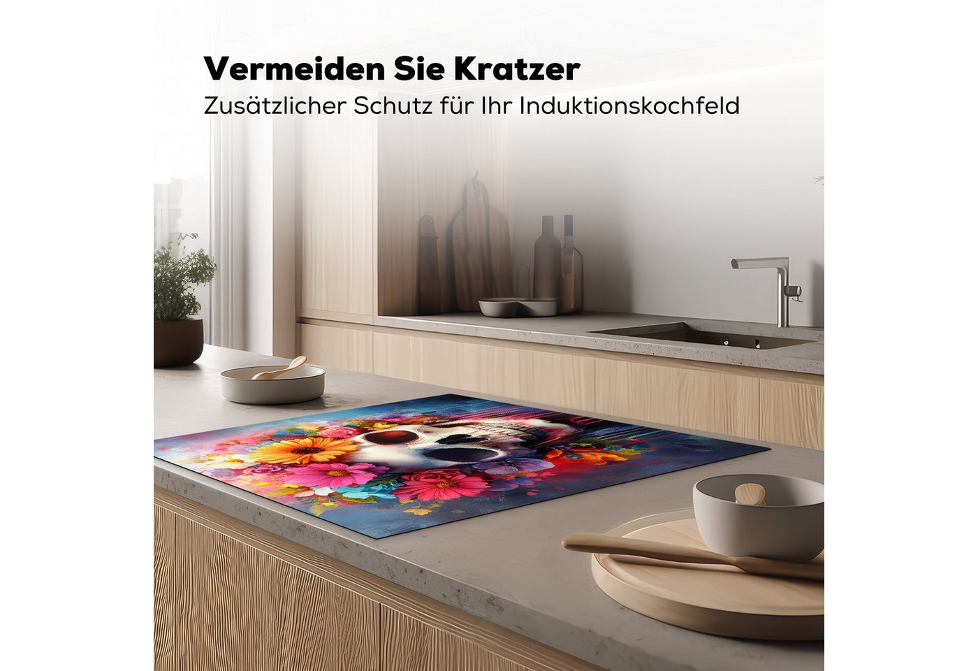 MuchoWow Herd-Abdeckplatte Totenkopf - Blumen - Totenkopf - Bunt, Vinyl, (1 tlg), Küche Herdabdeckung Ceranfeld Induktionsfeld Vinyl, 60x60 cm Bild 3