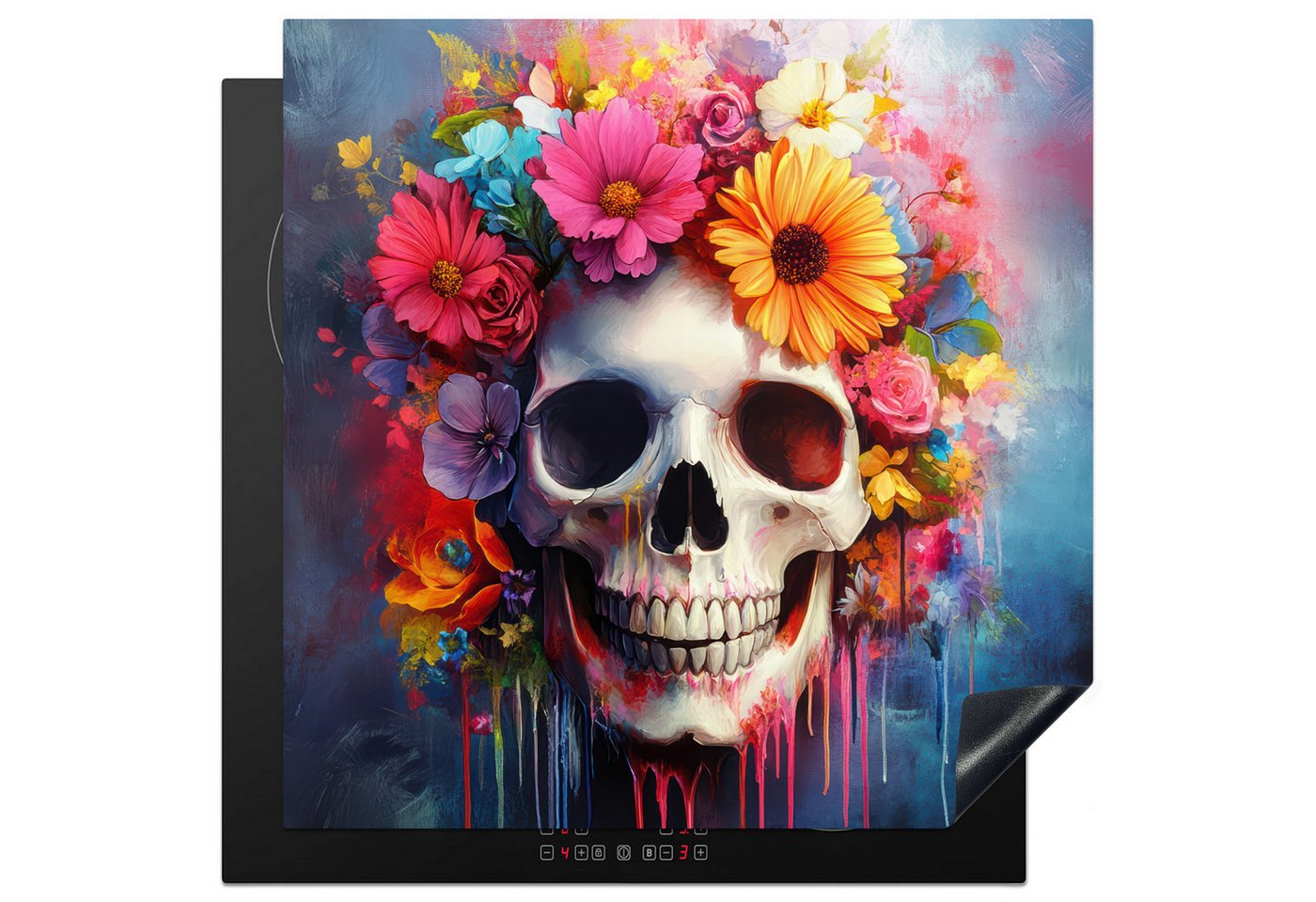 MuchoWow Herd-Abdeckplatte Totenkopf - Blumen - Totenkopf - Bunt, Vinyl, (1 tlg), Küche Herdabdeckung Ceranfeld Induktionsfeld Vinyl, 60x60 cm Bild 5