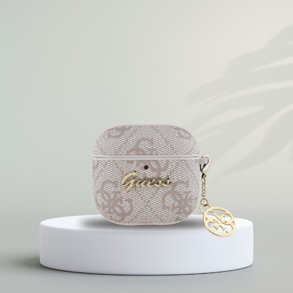 Guess Kopfhörer-Schutzhülle Hülle Case AirPods 4 Kunstleder rosa Logo Metal Kette goldfarbig, Kantenschutz Bild 2