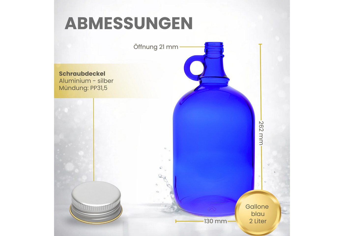 mikken Trinkflasche Glasflasche 2000 ml blaue Weinflasche Wasserflasche Gallone, Deckel aus Aluminium / lackiertem Holz, 2 Liter Flasche