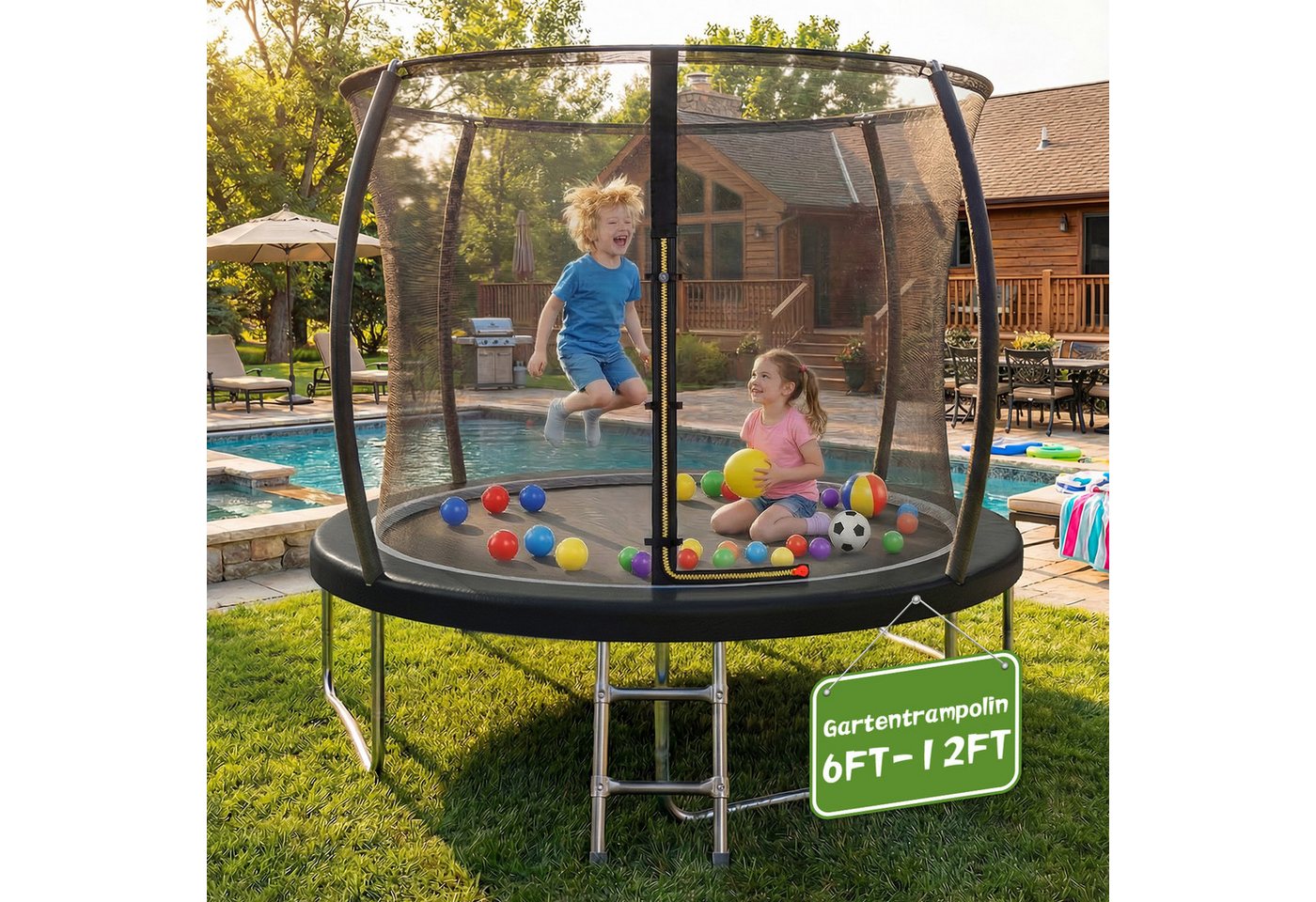 HOMALL Gartentrampolin Kindertrampolin Outdoor-Trampolin Durchmesser: 183/220/290/360 cm, Ø 290 cm, (Durchmesser 183 cm (mit Sicherheitsnetz und Schutzhaube, Tragkraft 50 kg/150 kg, 360°-Sicherheitsnetz, erhältlich in Schwarz/Blau/mehrfarbig) -ostern geschenke) Bild 2