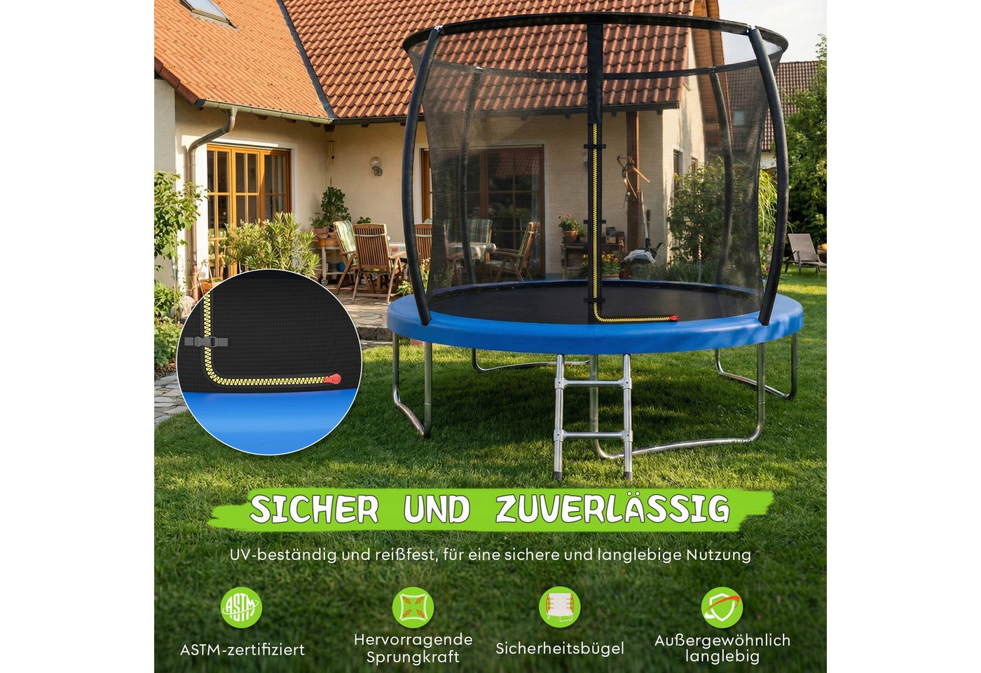 HOMALL Gartentrampolin Kindertrampolin Outdoor-Trampolin Durchmesser: 183/220/290/360 cm, Ø 220 cm, (Durchmesser 183 cm (mit Sicherheitsnetz und Schutzhaube, Tragkraft 50 kg/150 kg, 360°-Sicherheitsnetz, erhältlich in Schwarz/Blau/mehrfarbig) -ostern geschenke)