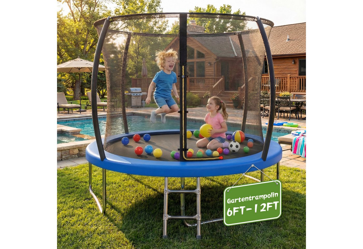 HOMALL Gartentrampolin Kindertrampolin Outdoor-Trampolin Durchmesser: 183/220/290/360 cm, Ø 220 cm, (Durchmesser 183 cm (mit Sicherheitsnetz und Schutzhaube, Tragkraft 50 kg/150 kg, 360°-Sicherheitsnetz, erhältlich in Schwarz/Blau/mehrfarbig) -ostern geschenke) Bild 2