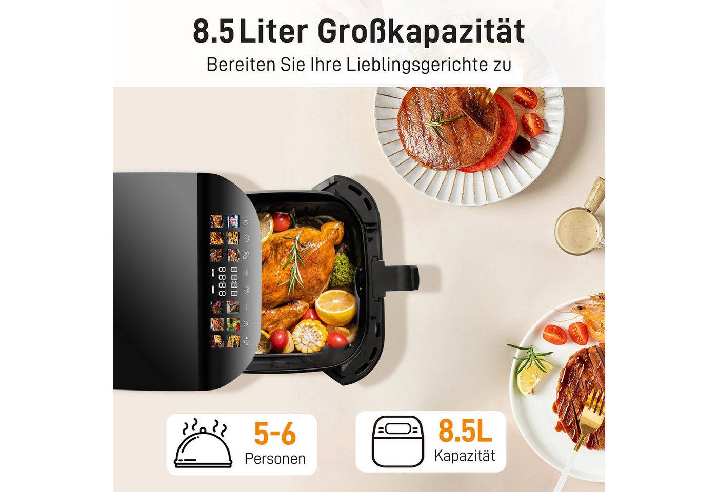 WHEELYOU Heißluftfritteuse 9L XXL, 1800W Airfryer mit LED-Farbdisplay, Sichtfenster & 12 Programmen, 1800 W, Großer Airfryer für fettarmes Kochen mit Touchscreen, Timer
