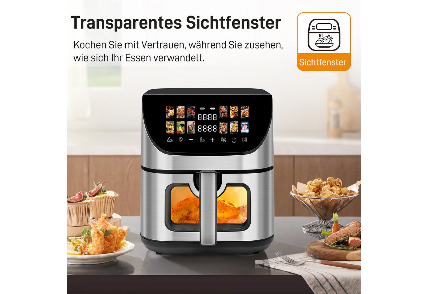 WHEELYOU Heißluftfritteuse 9L XXL, 1800W Airfryer mit LED-Farbdisplay, Sichtfenster & 12 Programmen, 1800 W, Großer Airfryer für fettarmes Kochen mit Touchscreen, Timer Bild 2